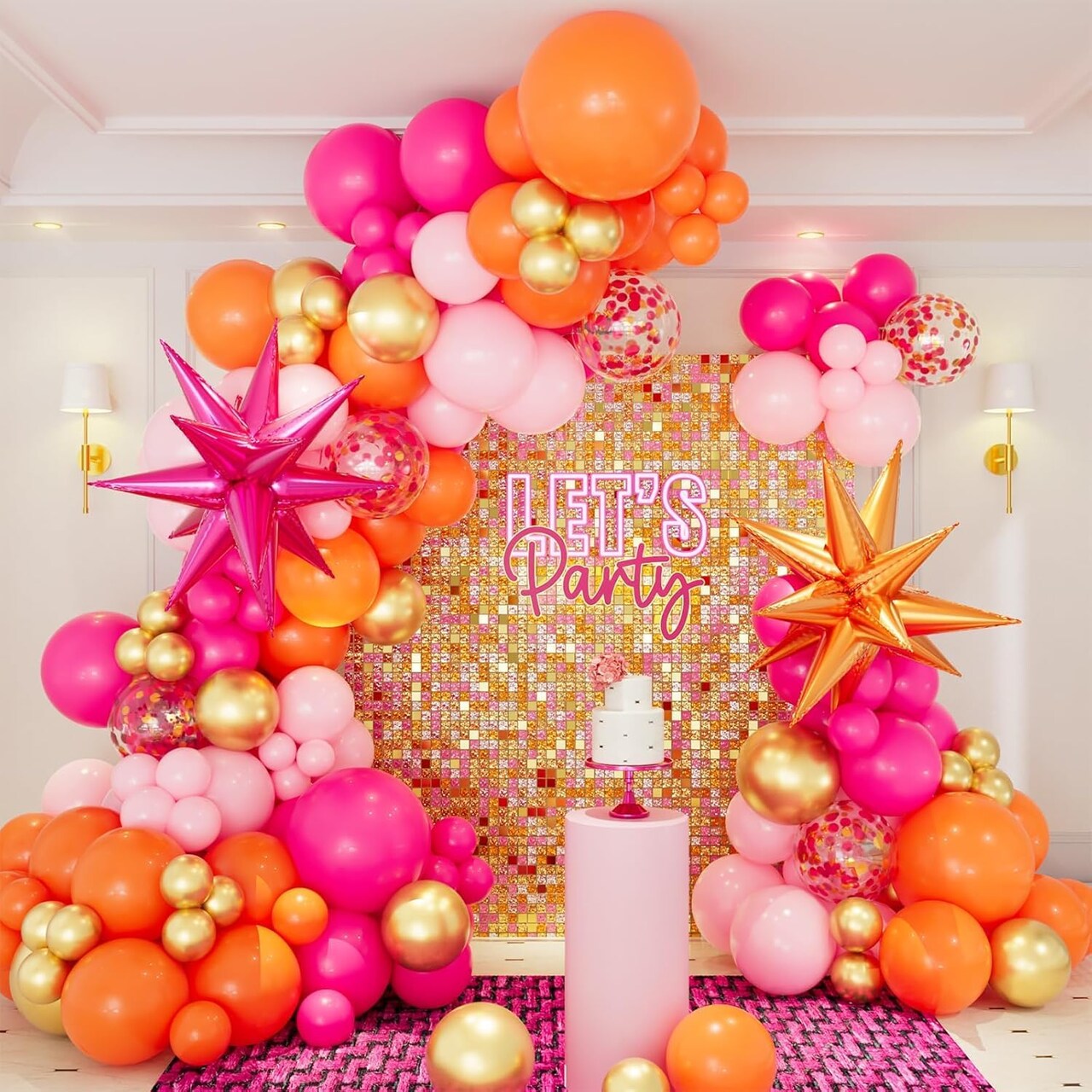 Pink Orange Balloon Garland Arch Kit, 146pcs Hot Pink Orange Metallic Gold Latex Balloons with Hot Pink and Orange Exploding Star Foil Balloons for Birthday Summer Tropical Wedding Party Decorations